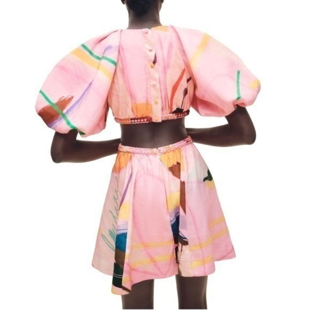 Aje Manifestation Cut Out Mini Dress Puff Sleeve Abstract Print UK8 US 4 Pink